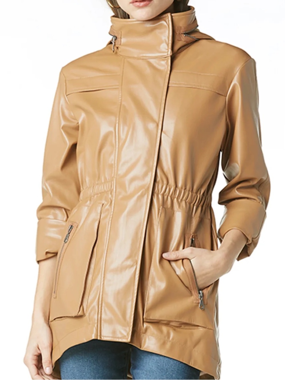 Tart Collection Vegan Leather Long Women’s Long Cory Jacket Hooded Camel Sz XS